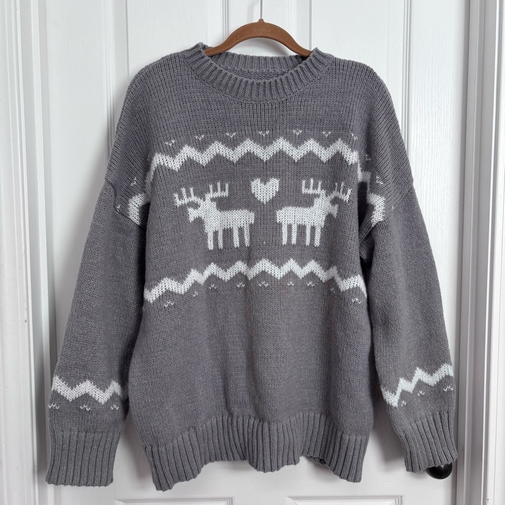Grey Nordic Reindeer Knit Sweater | Size L - Picture 7 of 7